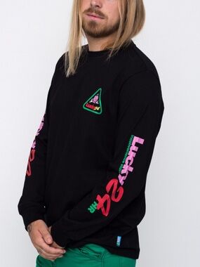 Lazy Oaf Lucky 24 Black Long Sleeve Tee with Pink & Green Graphics